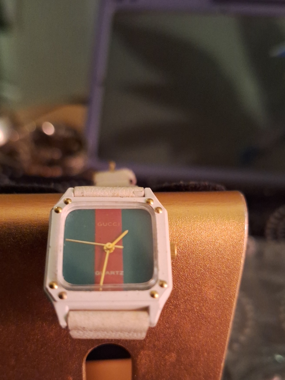 Gucci White Watch with Green and Red Striped Dial